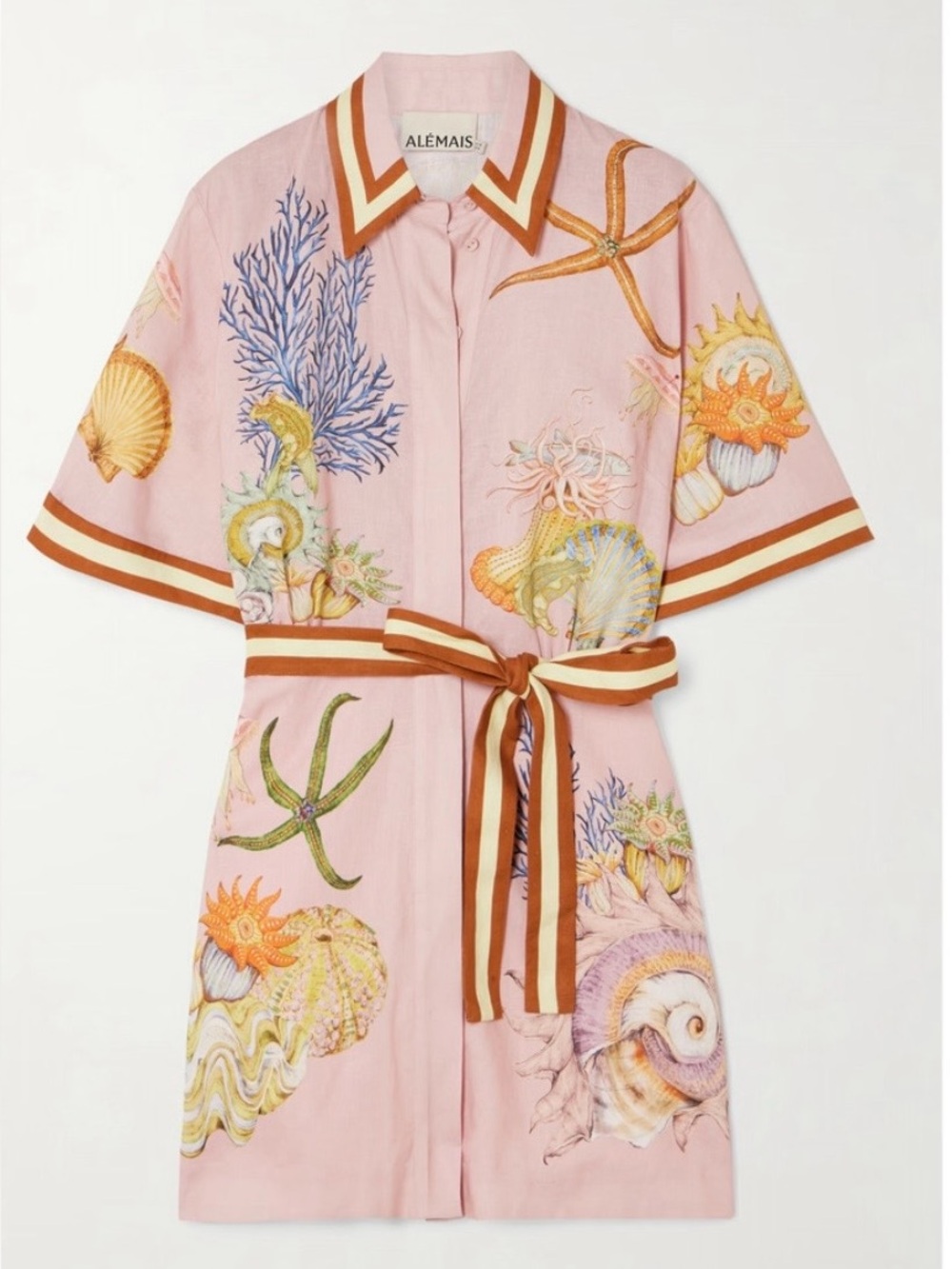 Alemais + Sam Pauletto Nereids belted printed linen-gauze mini shirt dress US 8